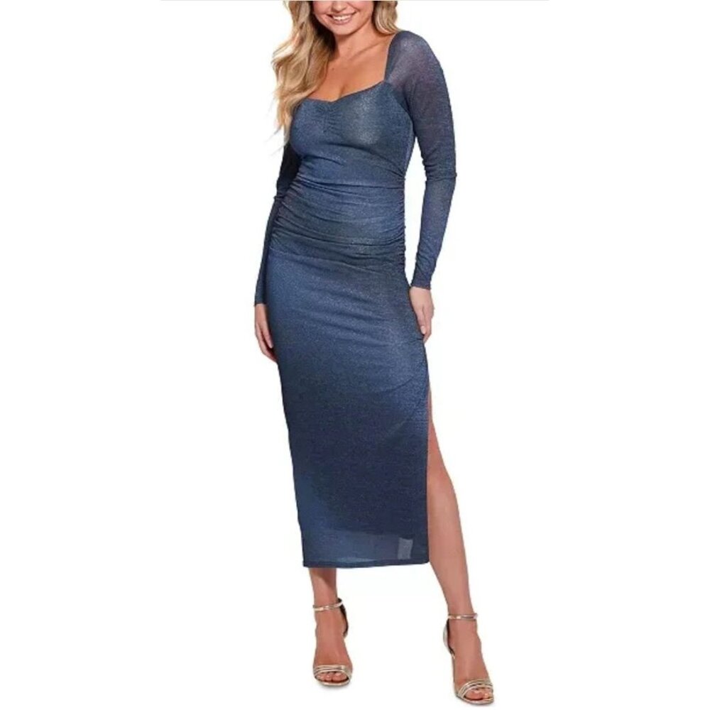 Guess Metallic Blue Shimmer Ruched Long Sleeve Maxi Dress Elegant Party Dress